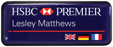 Prestige naambadges - Zwarte rand, blauw-paars gedrukte achtergrond | www.namebadgesinternational.be